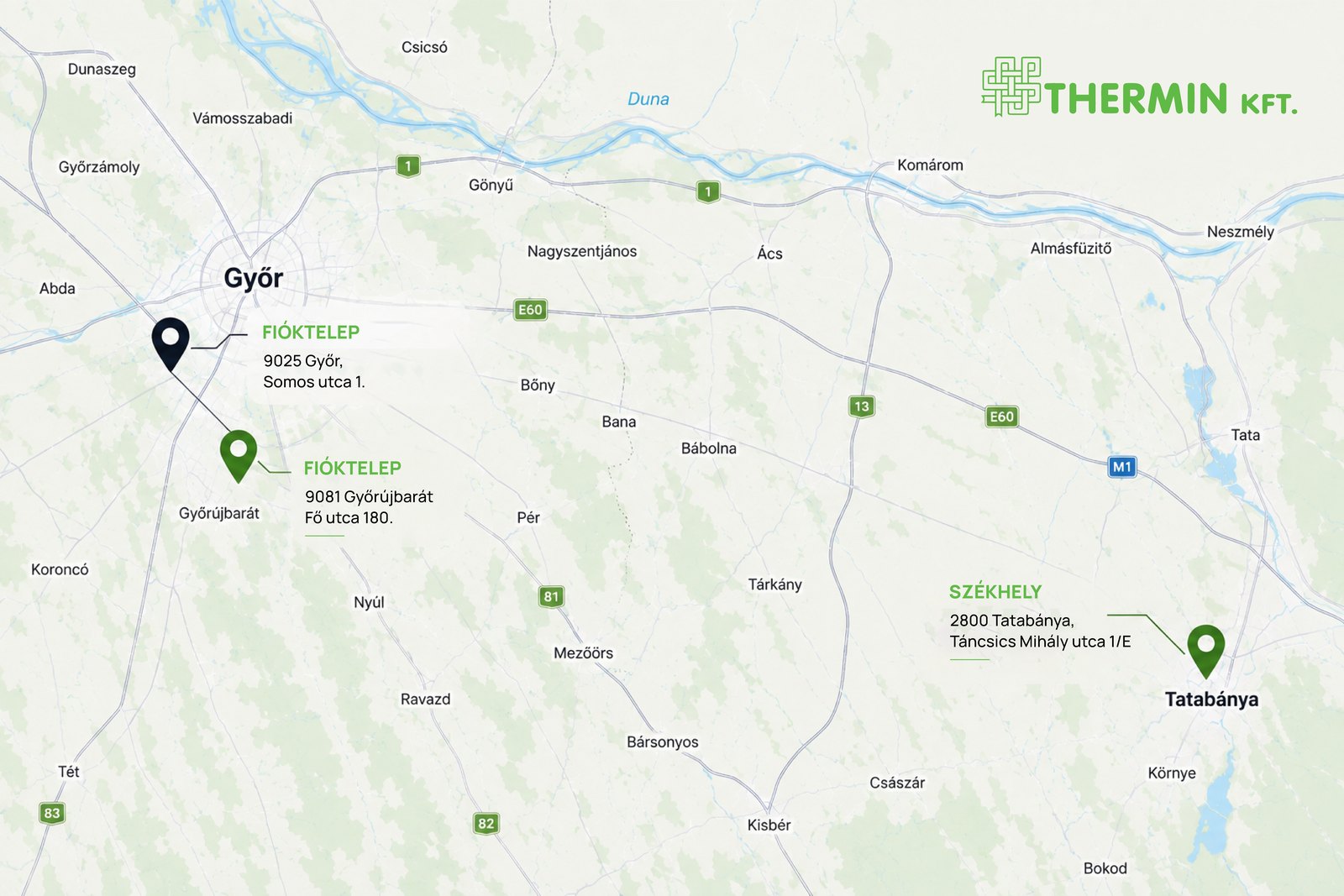 A THERMIN Kft. székhelye és fióktelepei: Győr, Győrújbarát, Tatabánya